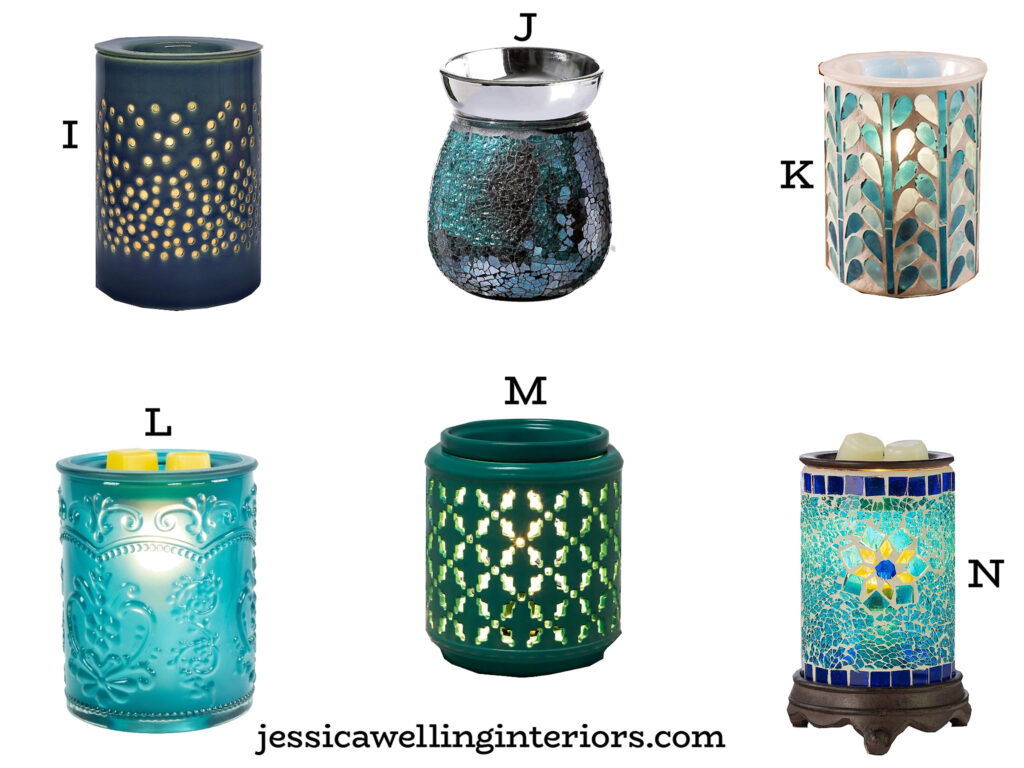 collage of blue lantern-style wax melt warmers in blues and greens