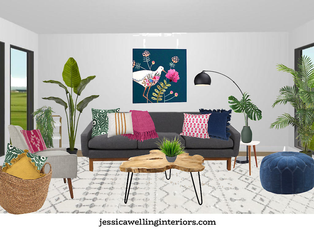 living room design board with a large area rug under the sofa and chairs