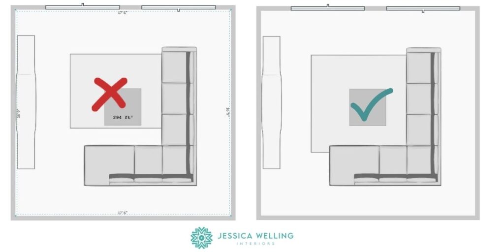 2 versions of a living room floorplan with a sectional sofa, one with a correctly sized area rug and the other with an incorrect-sized rug