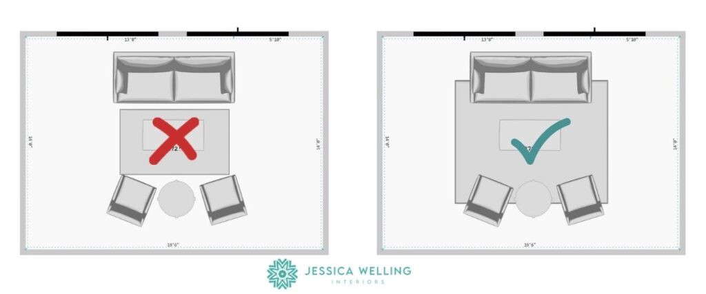 2 diagrams showing correct living room rug placement