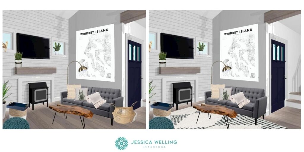 side-by-side verseions of the same small living room design board- one with a living room rug, and the other with a bare floor