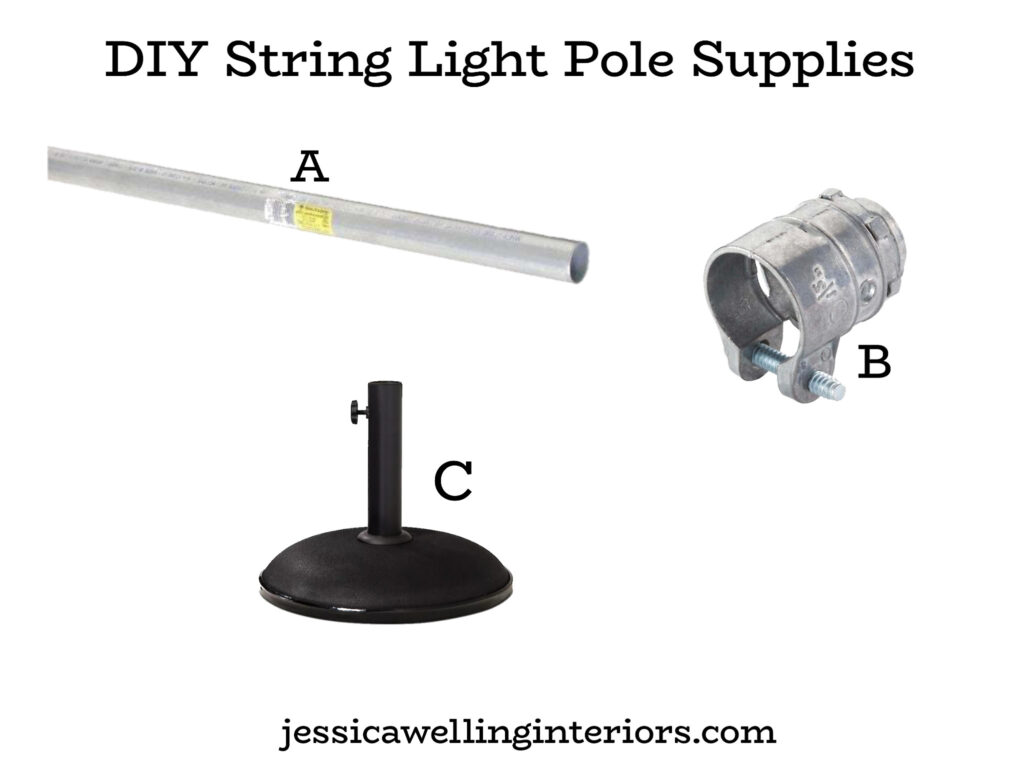 collage of materials needed to make DIY outdoor string light poles: electrical conduit pipe, rigid coupling, and umbrella stand