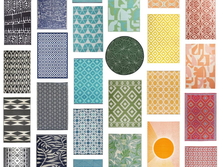 collage of woven plastic outdoor rugs