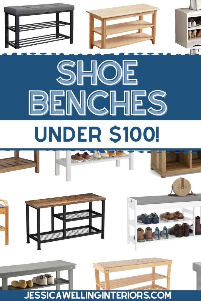 Shoe Benches under $100: collage of different shoe storage benches