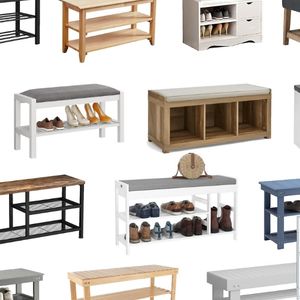 collage of entryway shoe storage benches