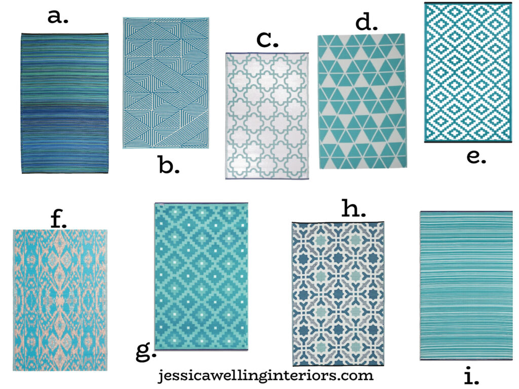 collection of 8 different woven plastic outdoor rugs in aqua and teal