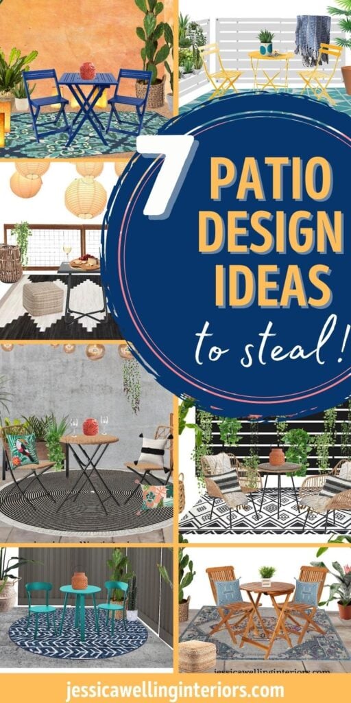 7 Patio Design Ideas to Steal! collage of 7 different modern patios, decks, and balconies with cheap outdoor furniture and patio decor