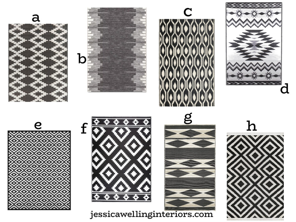 collage of 8 black and white outdoor rugs with bold geometric patterns