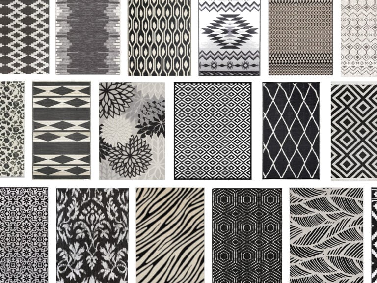 collage of black and white outdoor rugs