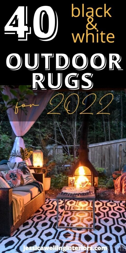 40 Black & White Outdoor Rugs for 2022: patio with a bold black and white outdoor rug, a fire pit, and an outdoor sofa