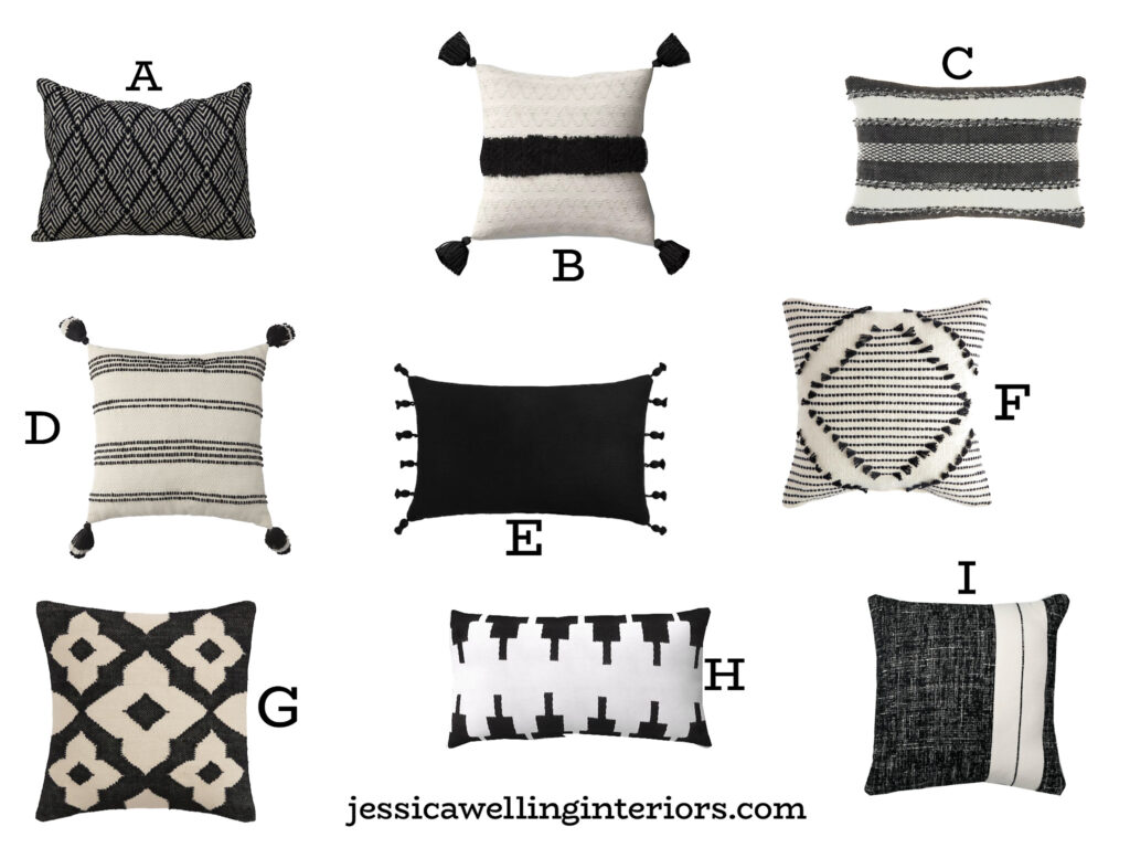 collage of black & white Boho outdoor throw pillows