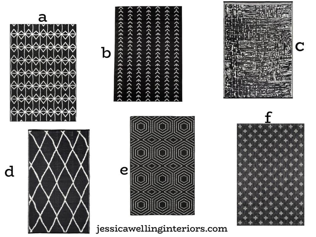 collage of mostly black outdoor rugs with different prints and patterns