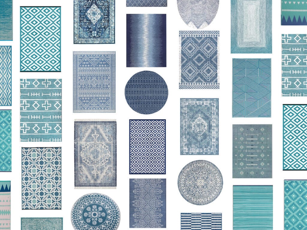 collage of blue outdoor rugs with modern Boho patterns in navy, aqua, and teal