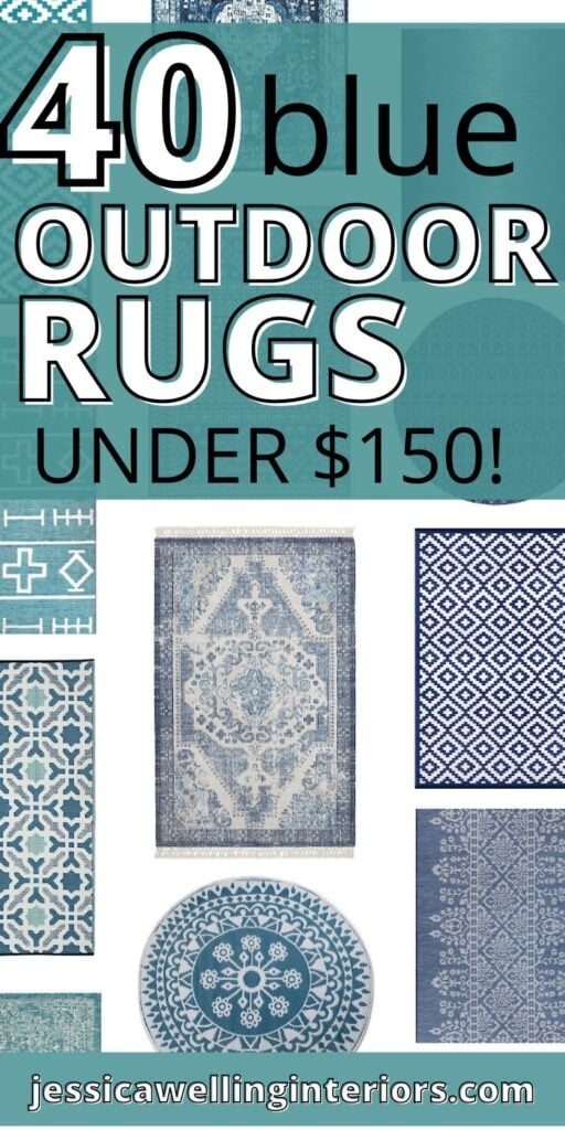 40 blue Outdoor Rugs Under $150 collage of outdoor rugs in blue, navy, aqua, and teal