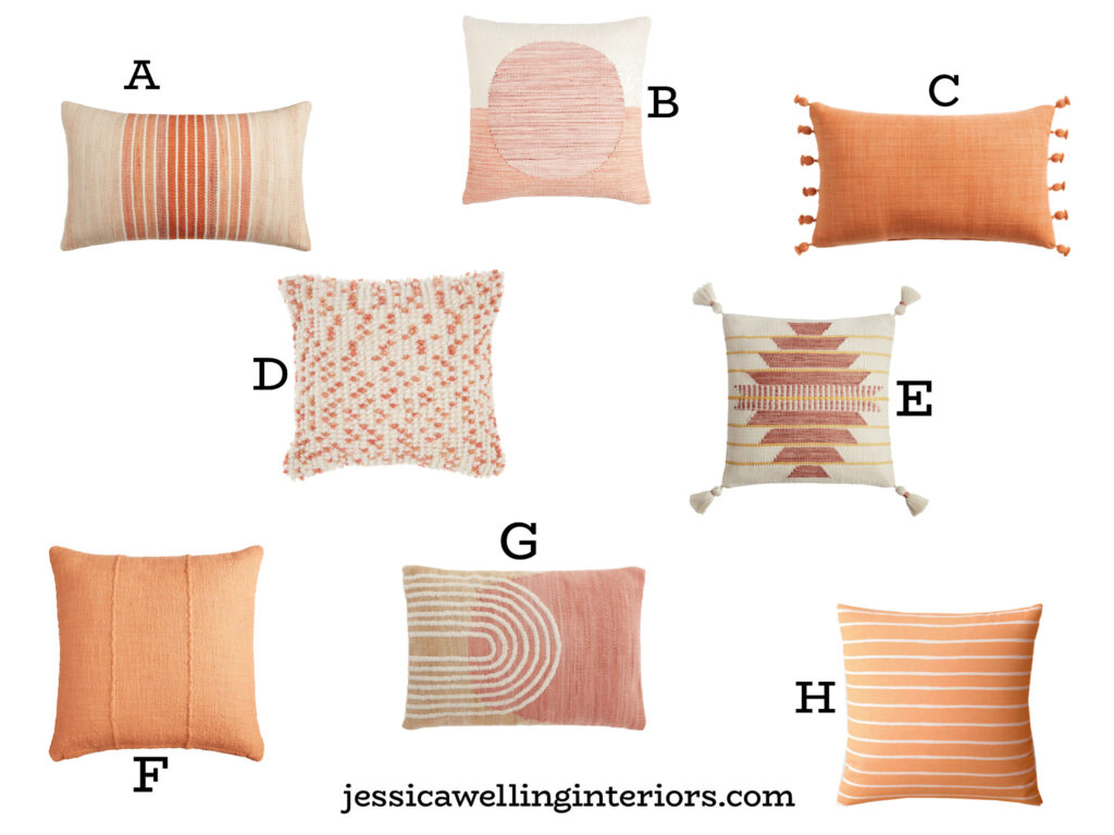 modern outdoor pillows in coral, pink & orange