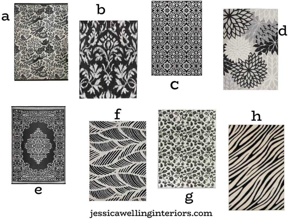 black and white outdoor rugs with floral, botanical, and animal prints, as well as oriental patterns