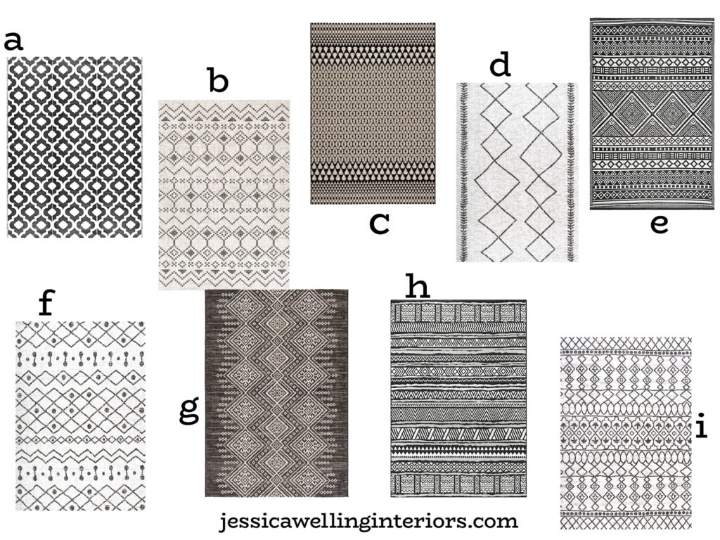 collage of nine patio rugs in black & white with Moroccan and tribal patterns