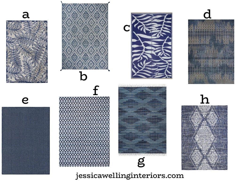 collage of navy outdoor rugs with modern patterns on a budget