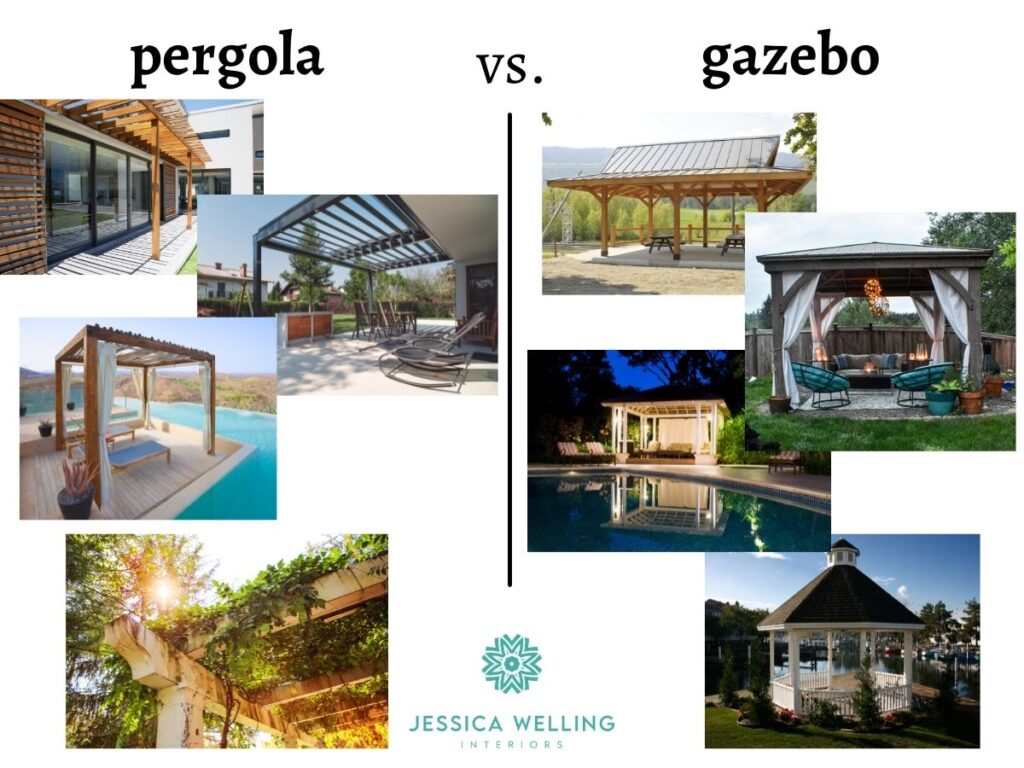 pergola vs. gazebo: collage of photos of pergolas and gazebos