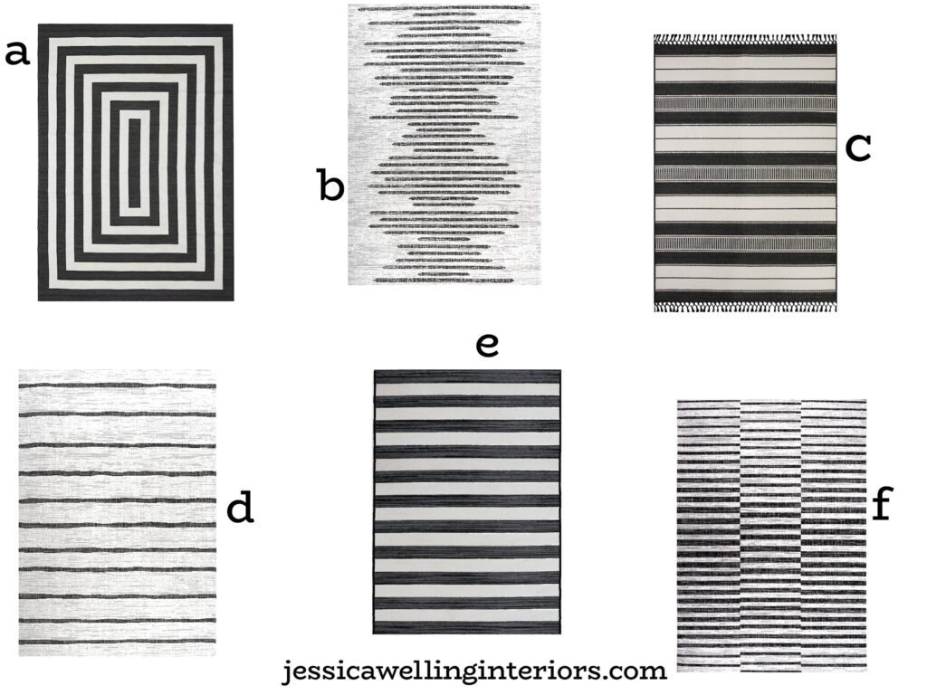 collage of black and white striped outdoor rugs on a budget