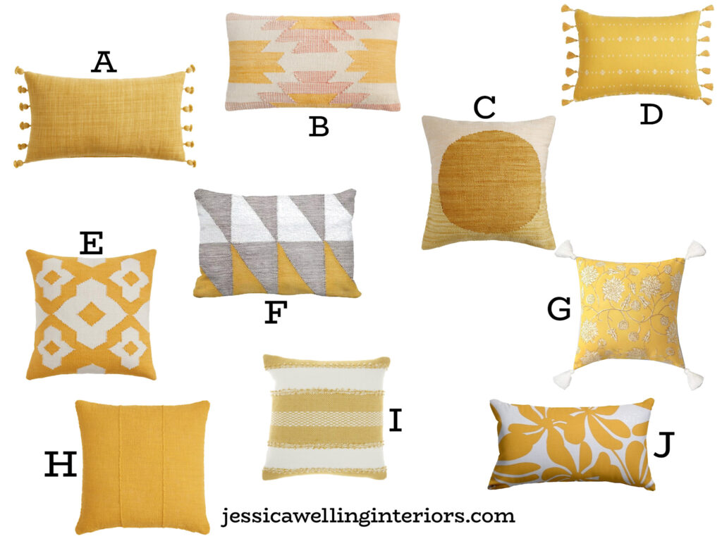 collage of Boho outdoor pillows in yellow & mustard