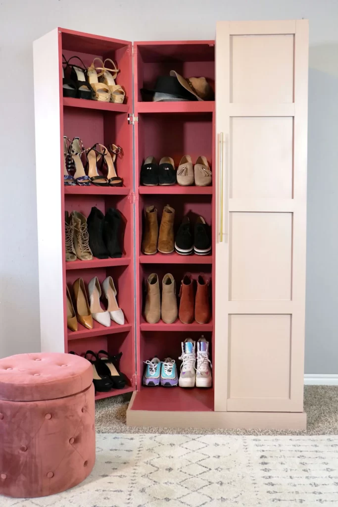 DIY shoe storage cabinet full of shoes