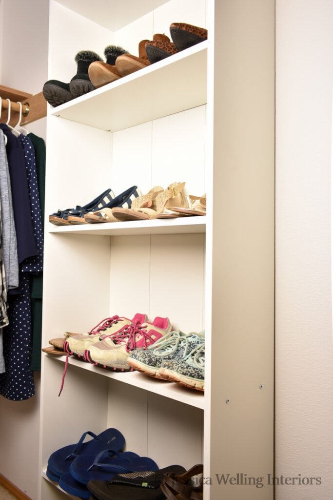 closet with an Ikea bookcase for shoe storage
