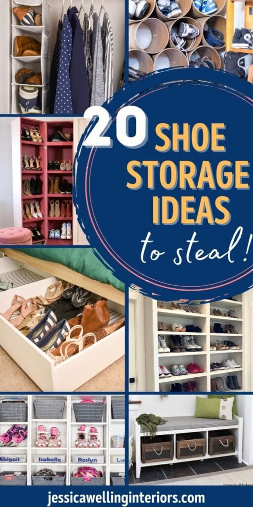 20 Shoe Storage Ideas to Steal!: collage of 7 creative shoe storage solutions for entryways, bedrooms, closets, mudrooms, and garages
