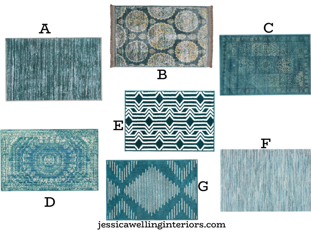 collage of teal and aqua-colored entryway rugs