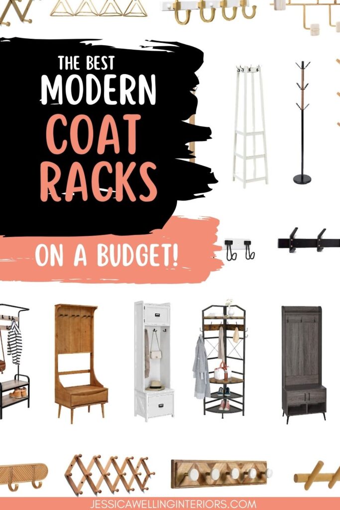 The Best Modern Coat Racks On a Budget! Collage of wall mounted coat racks, coat trees, and hall trees