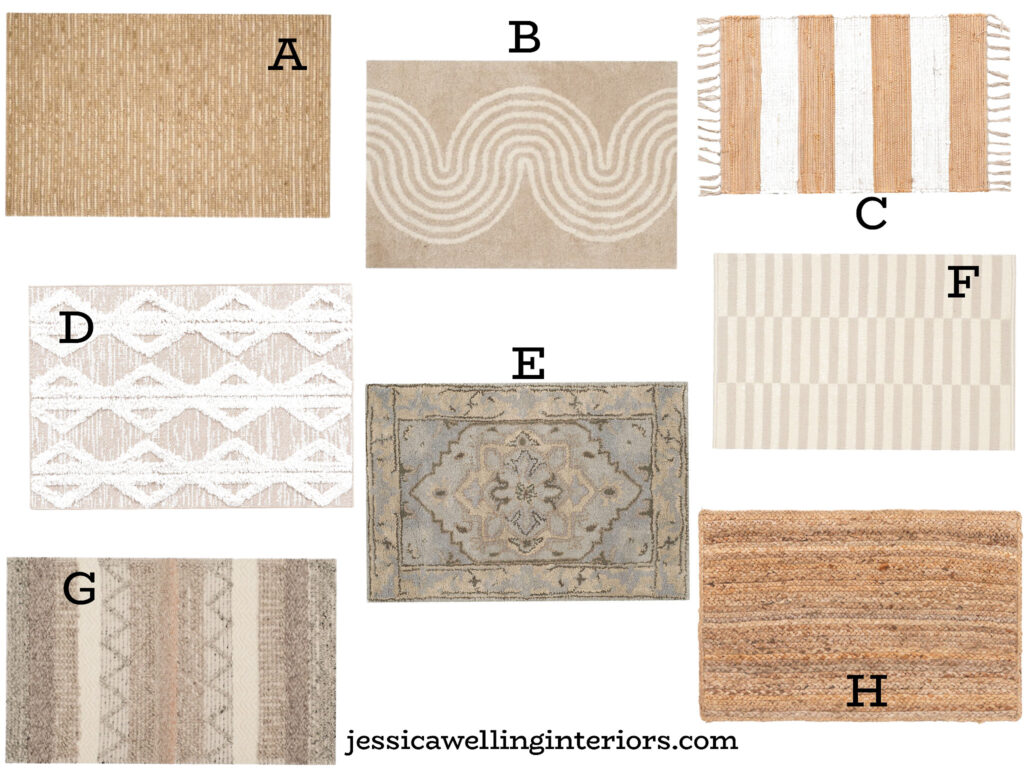 collage of beige entryway rugs with Boho patterns