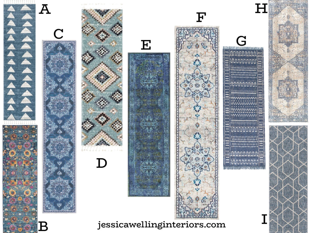 collage of blue runner rugs
