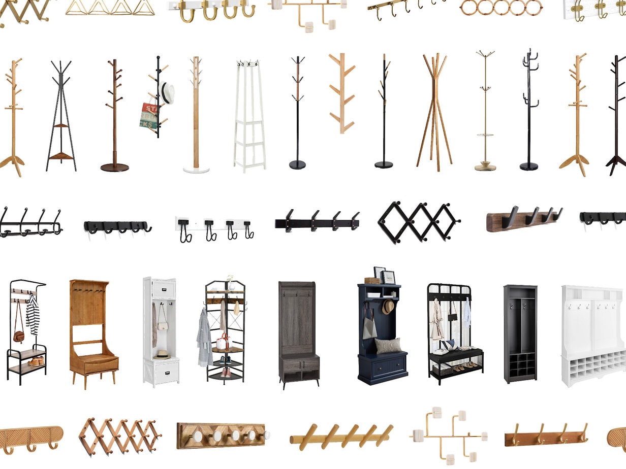 collage of coat racks, coat trees, and hall trees for entryways
