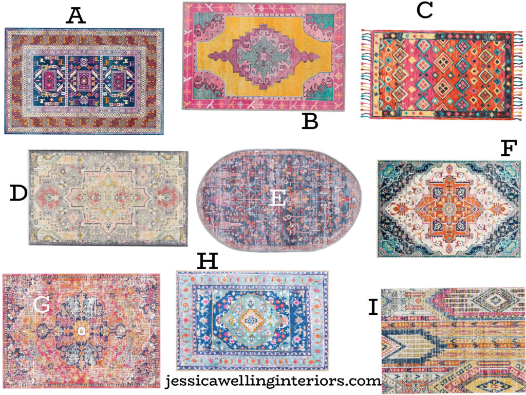 collage of bright and colorful entryway rugs with Boho style