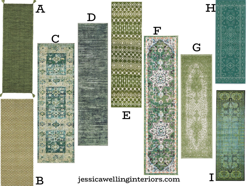 collage of green boho runner rugs
