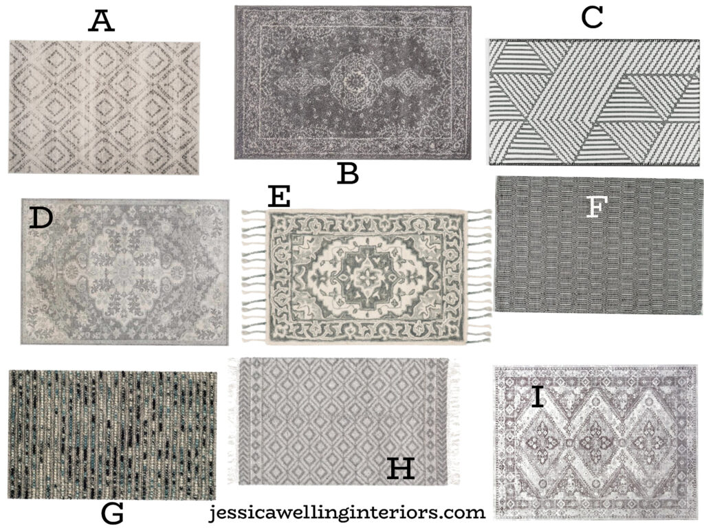 collection of entryway rugs in grey, white and black with geometric and oriental patterns