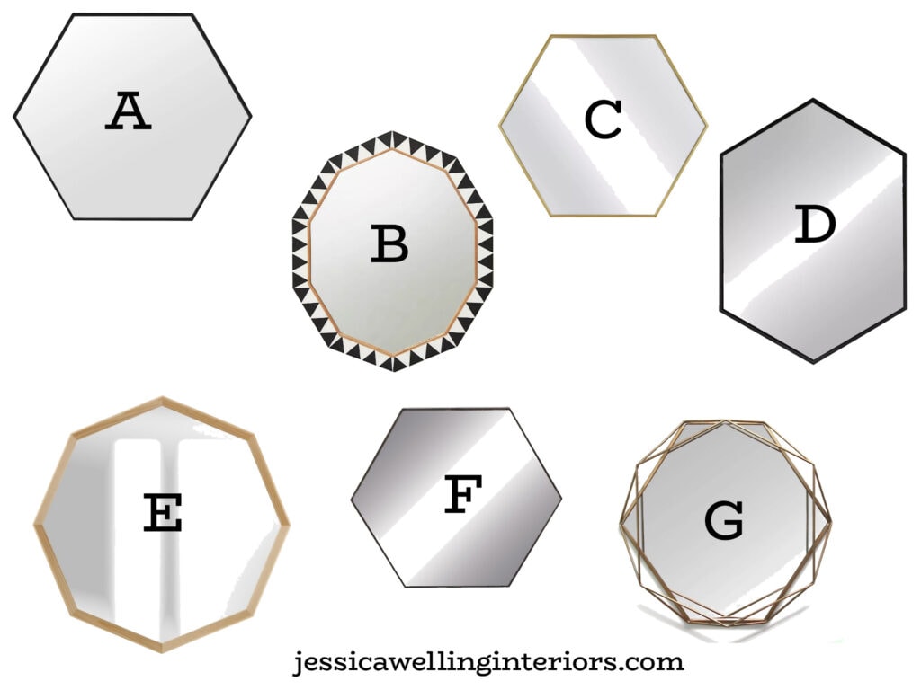 collage of modern hexagon mirrors for entryways