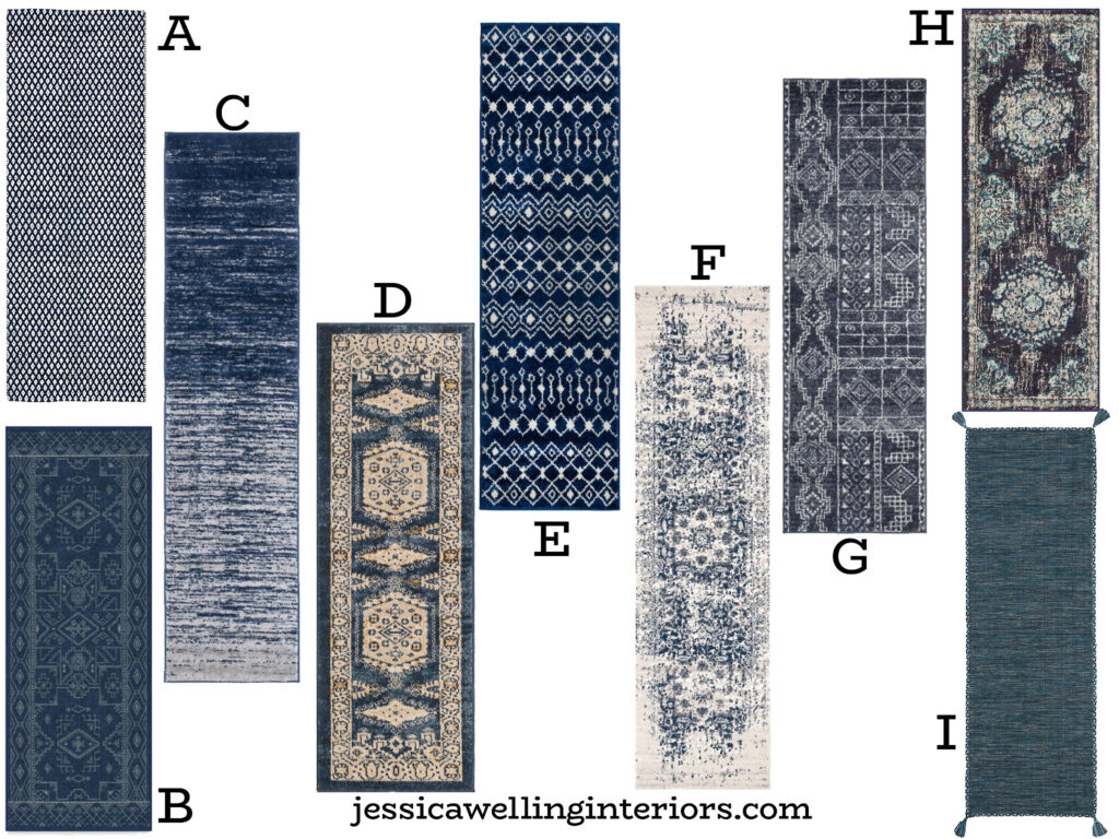 collection of navy runner rugs for kitchens, entryways, & hallways