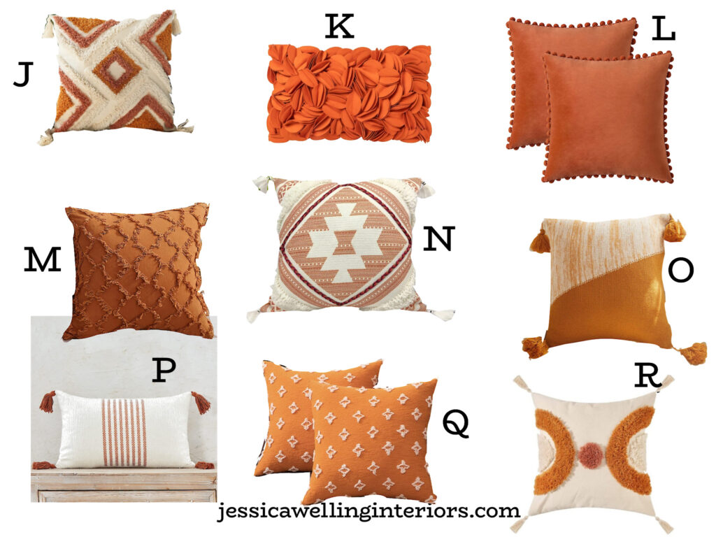 collection of fall pillow covers in orange, burnt orange, & coral