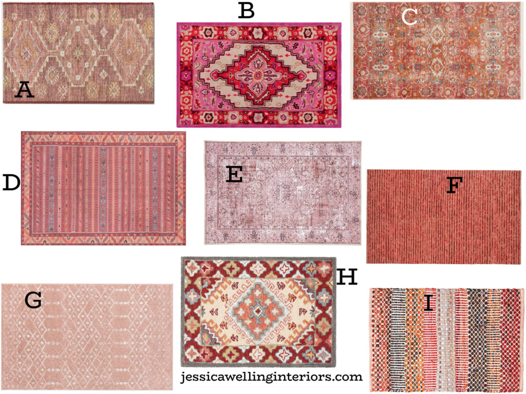 collage of pink, orange, & red entryway rugs