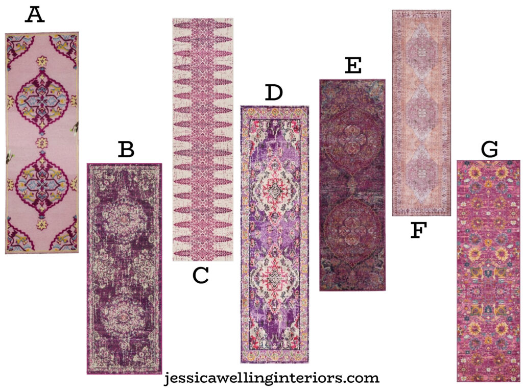 collage of purple runner rugs with modern Boho patterns