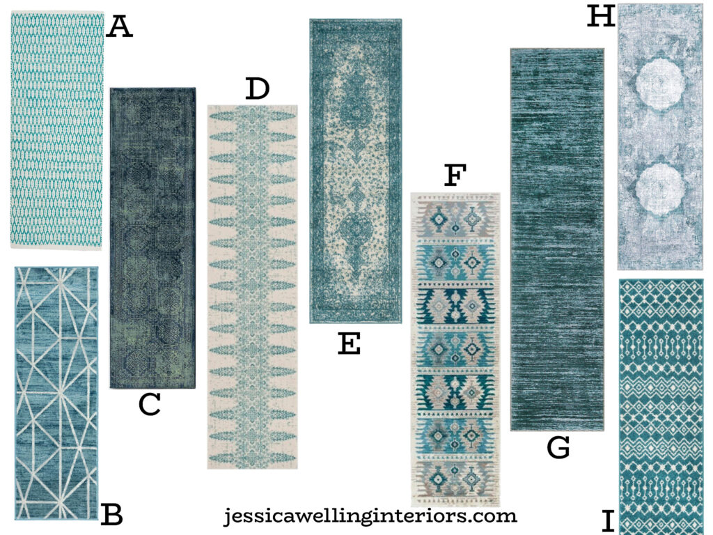 collage of aqua & teal runner rugs for entryways, halls, & kitchens