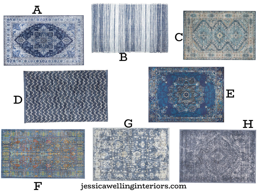 8 different blue accent rugs in 2'x3'