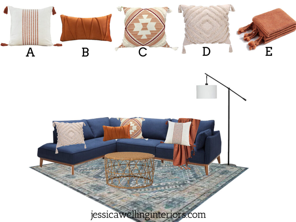 living room design board with burnt orange pillow covers and cream throw pillows for Fall