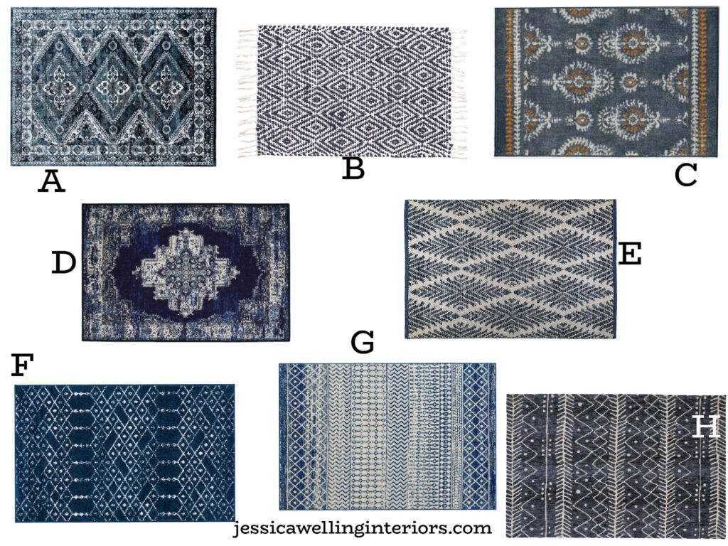 entry way rugs in navy blue with oriental, geometric, and Bohemian patterns