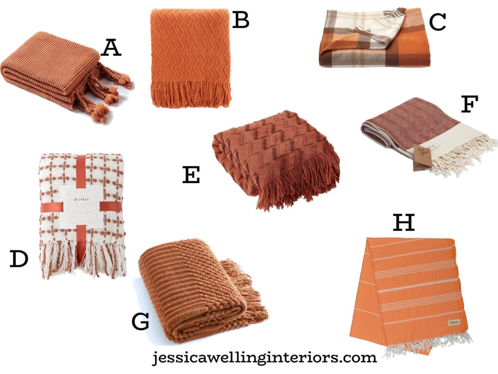 orange throw blankets for fall with cable knit, woven, stripes, plaid, and other warm cozy textures