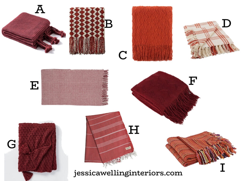 collage of inexpensive red throw blankets for Fall with cozy plaid, knit, woven, cable knit, and chenille textures