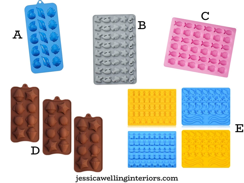 collage of silicone molds for wax melts in seashells, fish and sea creature shapes