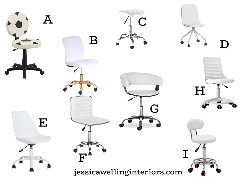 collection of kids desk chairs in white