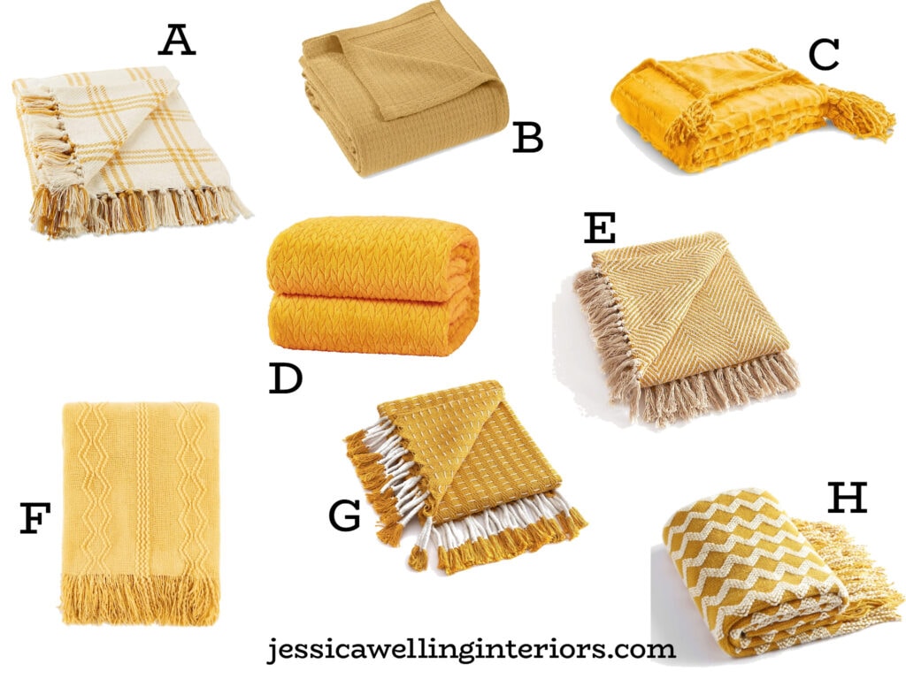 yellow throw blankets for Fall in mustard, white, yellow, and cream. The blankets have tassels, fringe, herringbone, and cozy textures